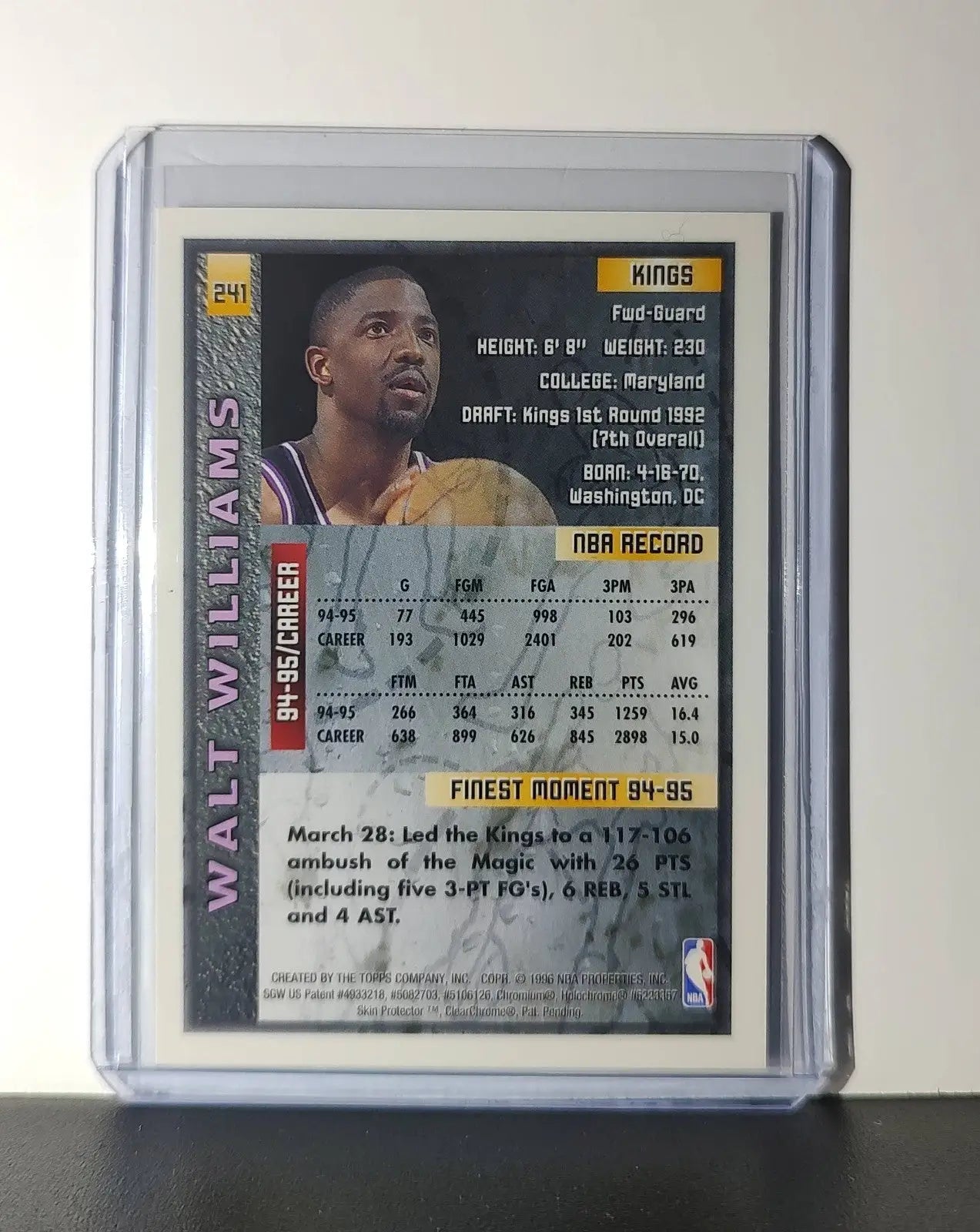 Walt Williams 1995-96 Topps Finest NBA #241 Card Sacramento Kings