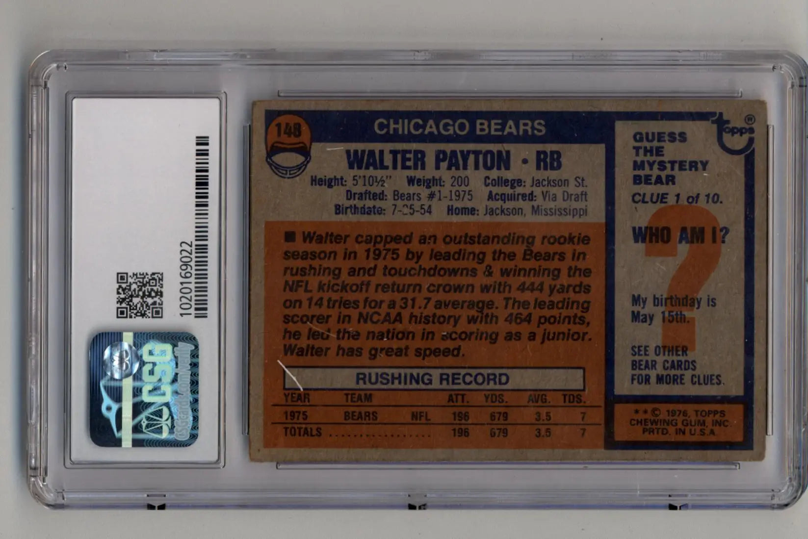 Walter Payton 1976 Topps #148 CSG 3 Very Good - Football Card Single