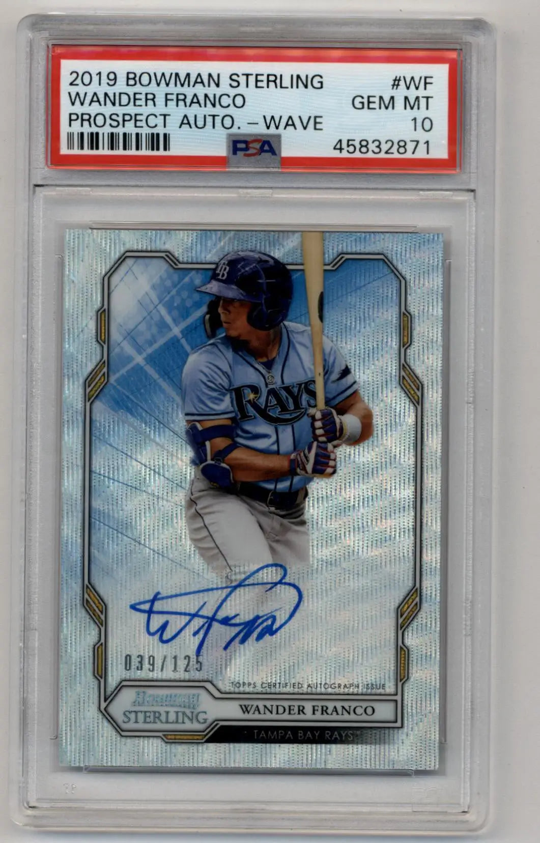 PSA-graded 2019 Bowman Sterling Prospect Wave Auto 033/125 baseball card for Wander Franco