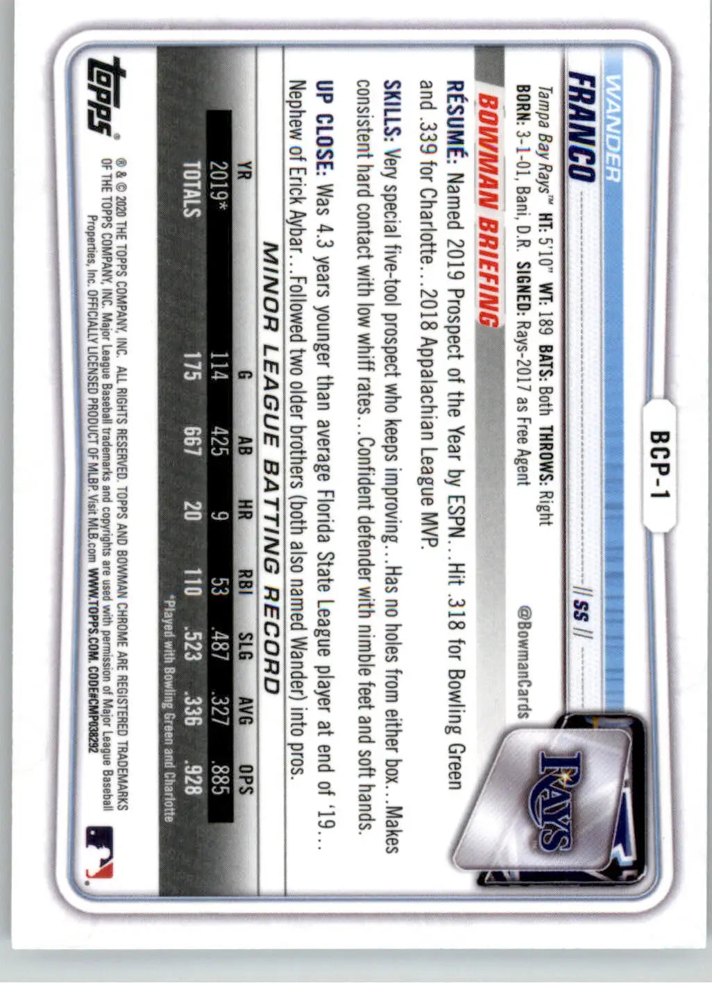 Wander Franco - 2020 Bowman - #BCP-1 - Chrome Prospects Baseball - Baseball Card Single