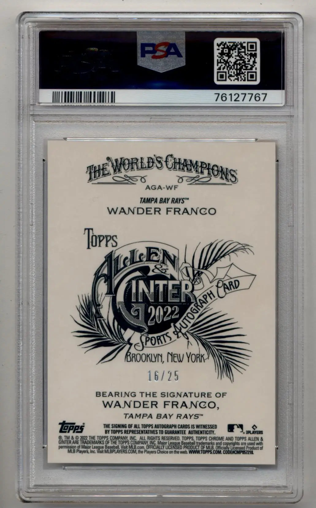Wander Franco 2022 Allen and Ginter Chrome Orange Refractor Auto 16/25 PSA 10 Gem Mint - Baseball Card Single