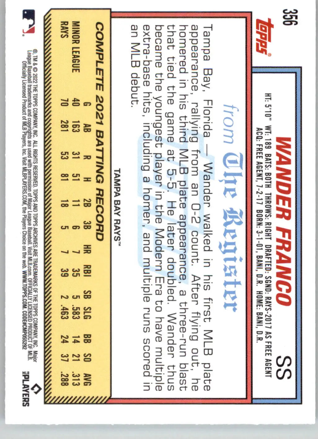 Wander Franco - 2022 Topps Archives - #356 - Baseball - Baseball Card Single