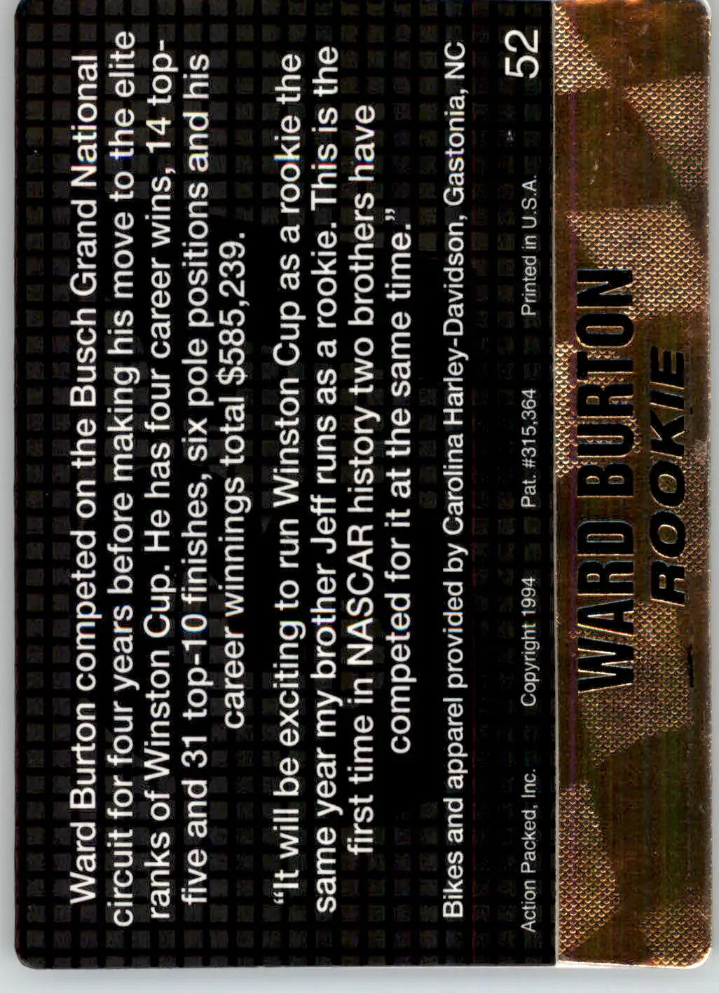 Ward Burton - 1994 Action Packed - #52 - Racing