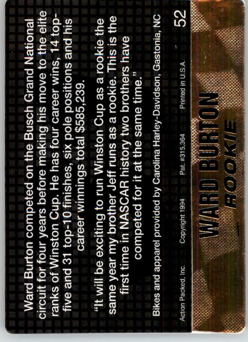 Ward Burton - 1994 Action Packed - #52 - Racing