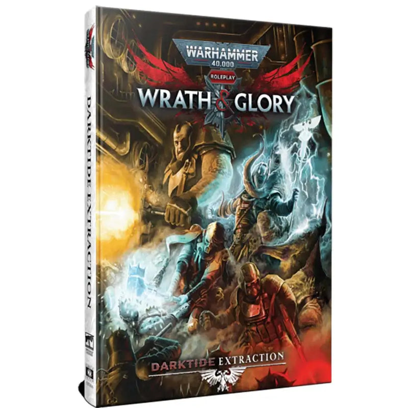 Hardcover Warhammer 40,000 Wrath & Glory Darktide Extraction RPG book with colorful action cover