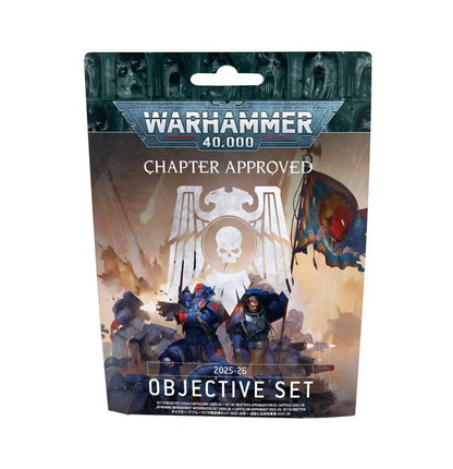 Warhammer 40k objective set with six circular tokens for tabletop gaming