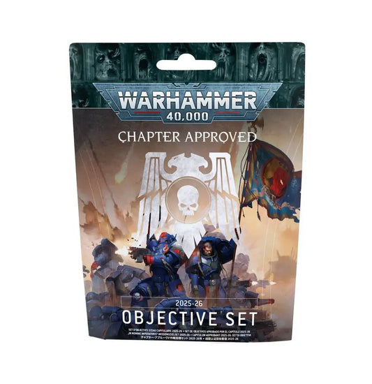 Warhammer 40k objective set with six circular tokens for tabletop gaming