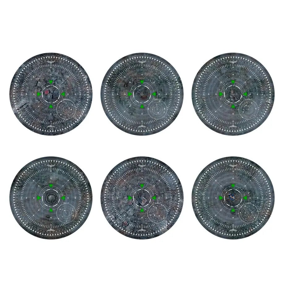 Six circular patterned navigational instruments from Warhammer 40k Objective Set