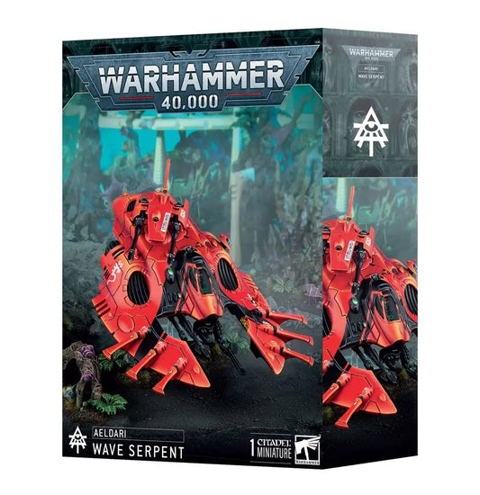 Warhammer 40k Aeldari Wave Serpent miniature box with twin shuriken cannons and shuriken cannon