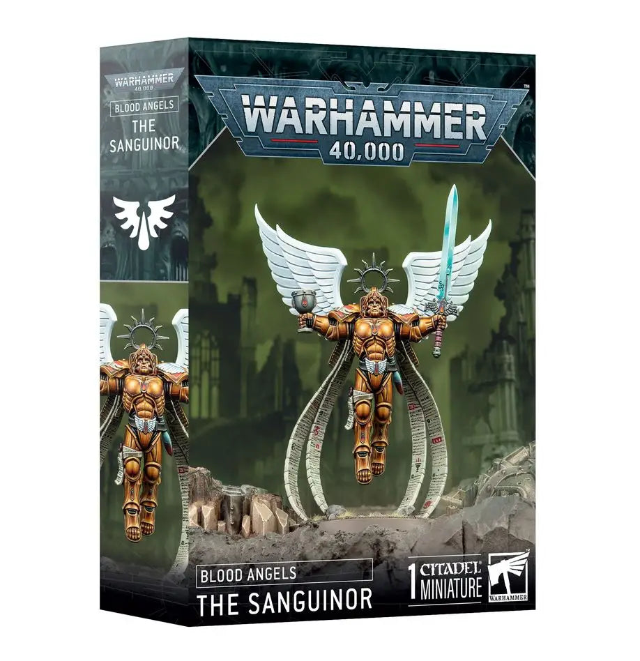Warhammer 40k Blood Angels Sanguinor miniature box featuring a mysterious figure