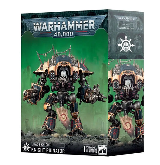 Warhammer 40k Chaos Knights Knight Ruinator miniature box with diabolus heavy stubber