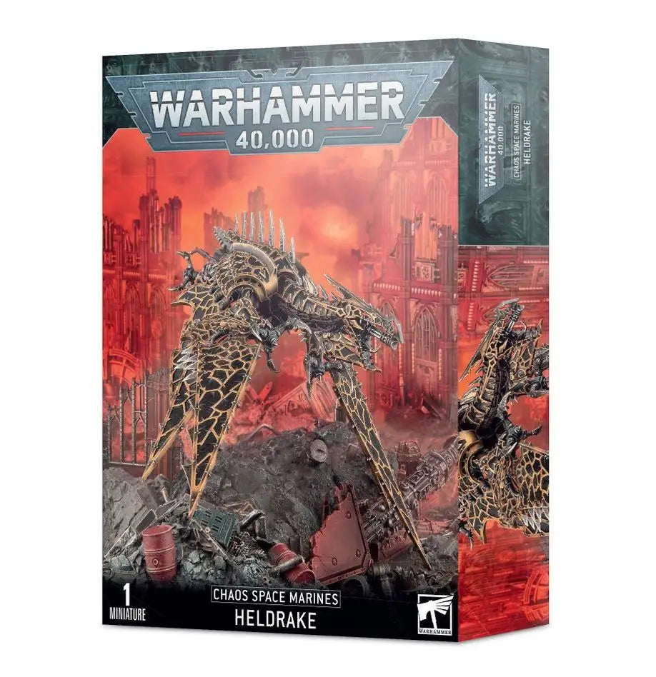 Warhammer 40k Chaos Space Marines Heldrake miniature box showcasing space marines Heldrake model