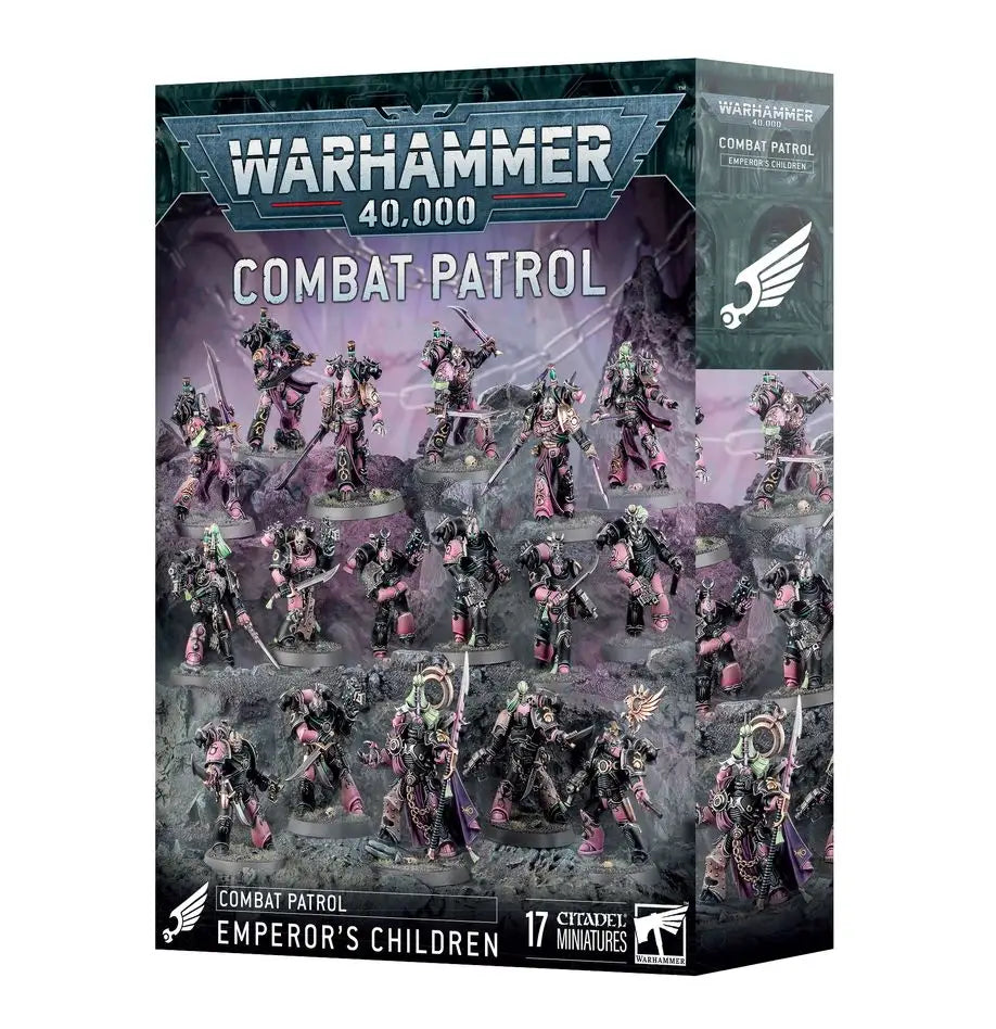 Warhammer 40k Emperor’s Children Combat Patrol box with 17 plastic miniatures featuring callous blades