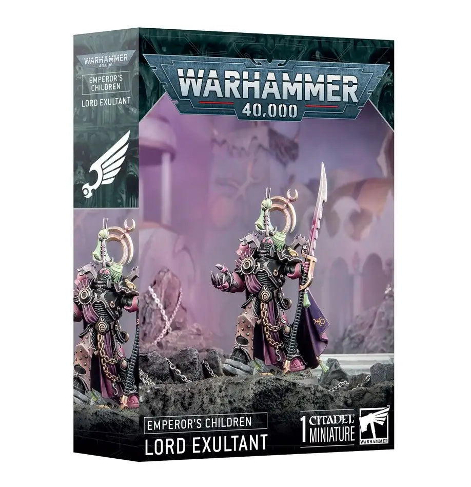 Warhammer 40k Emperor’s Children Lord Exultant miniature displayed in Warhammer 40k product