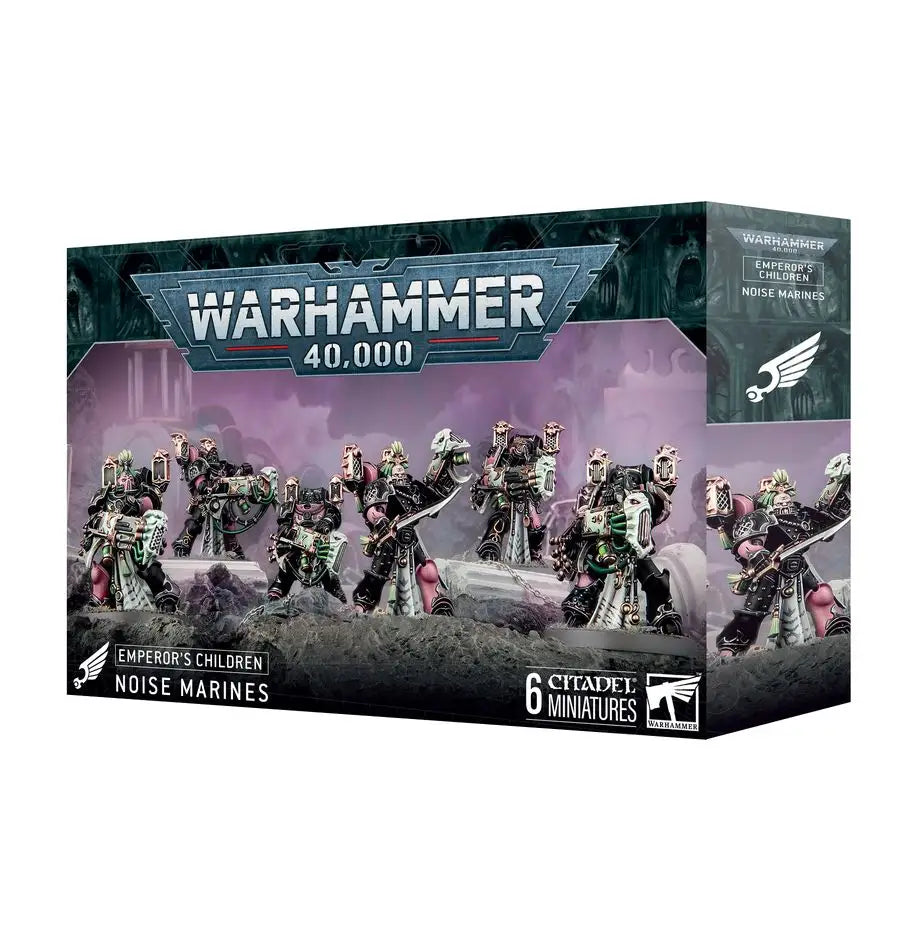 Boxed set of six Warhammer 40k Emperor’s Children Noise Marines miniatures for tabletop gaming