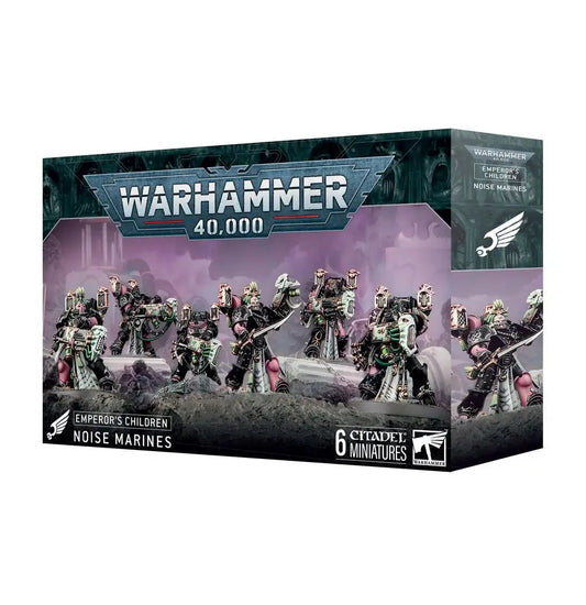 Boxed set of six Warhammer 40k Emperor’s Children Noise Marines miniatures for tabletop gaming