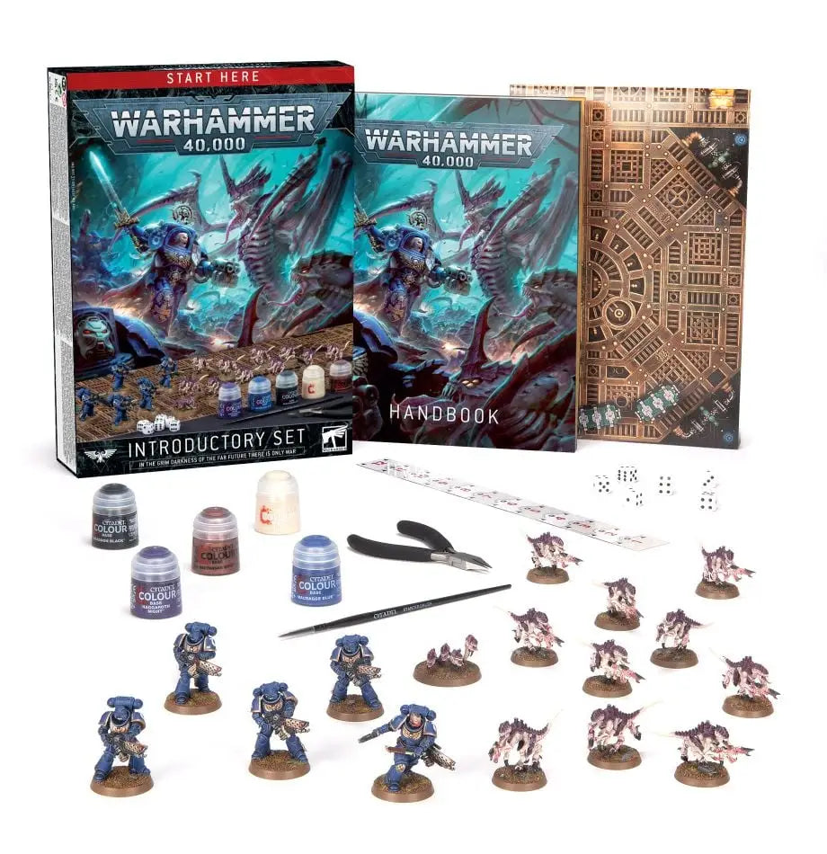 Warhammer 40k Introductory Set with Space Marines miniatures, Citadel colours, paints, tools, rulebooks, and dice