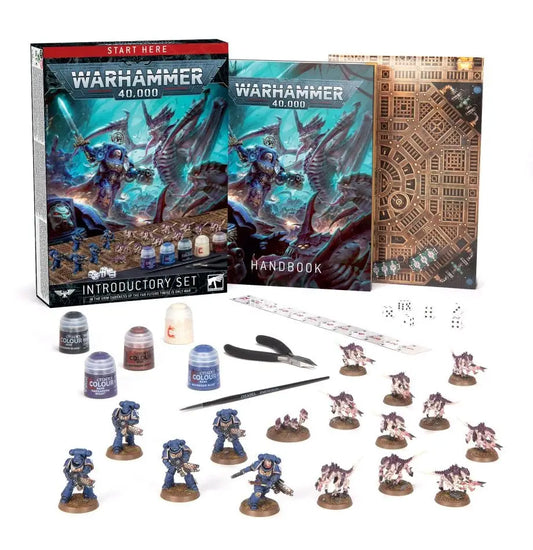 Warhammer 40k Introductory Set with Space Marines miniatures, Citadel colours, paints, tools, rulebooks, and dice