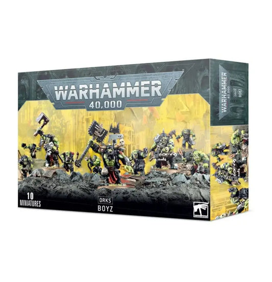 Warhammer 40k Ork Boyz miniatures box featuring Warhammer 40,000 Orks Boyz model