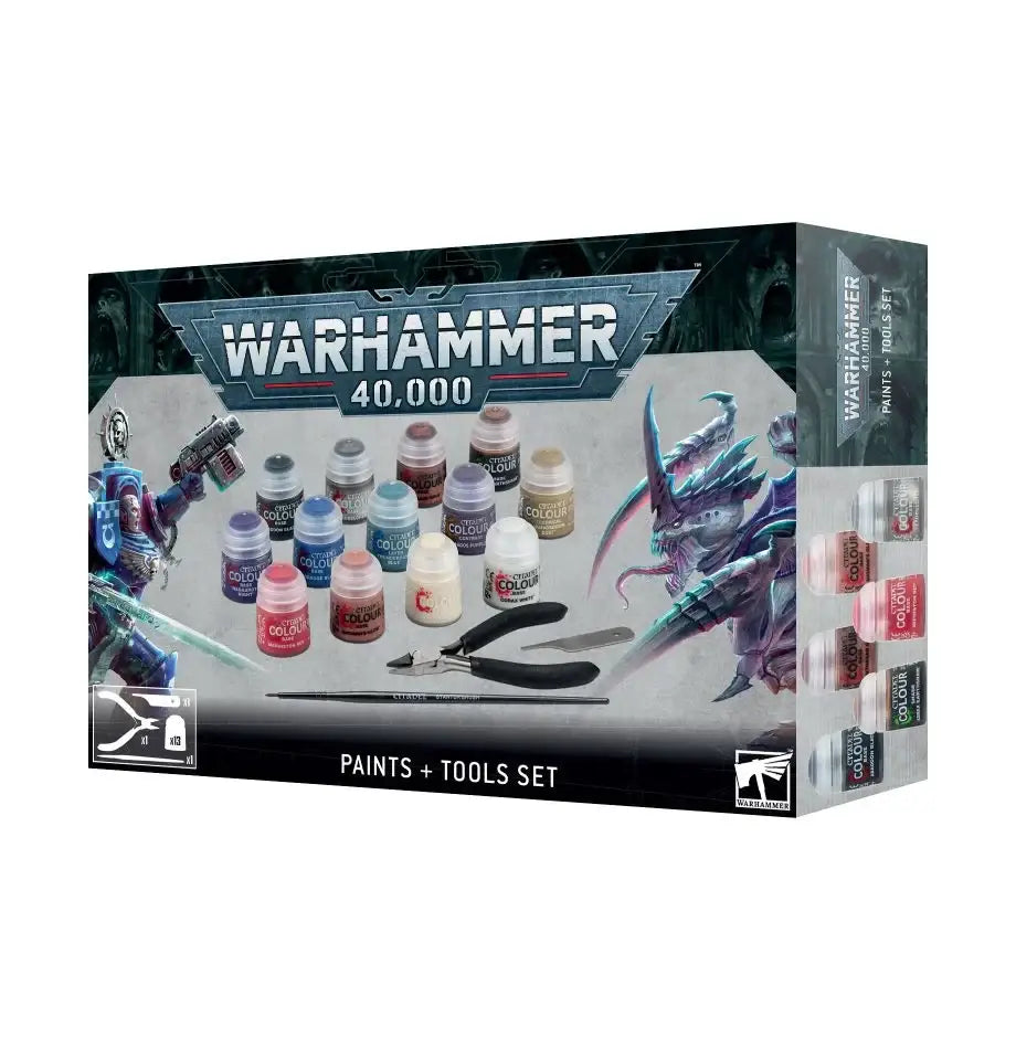 Warhammer 40k paints and tools set featuring Citadel starter paints for Warhammer hobby
