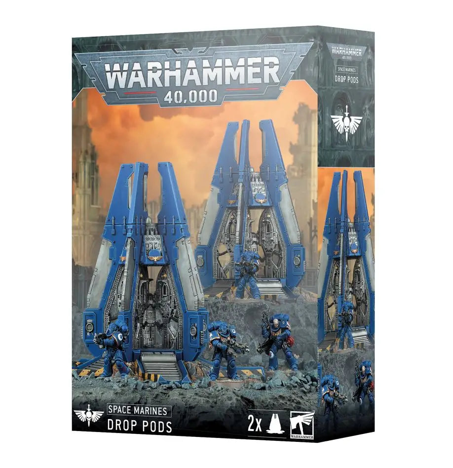Warhammer 40k Space Marines Drop Pods box with Angels Icons for tabletop gaming