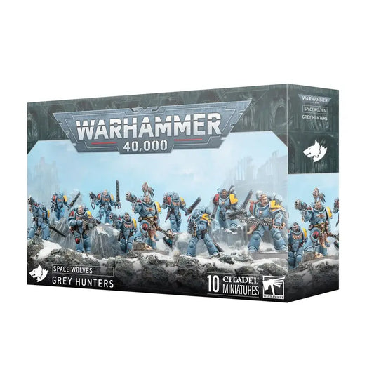 Warhammer 40k Space Grey Hunters miniatures box featuring Space Wolves figures
