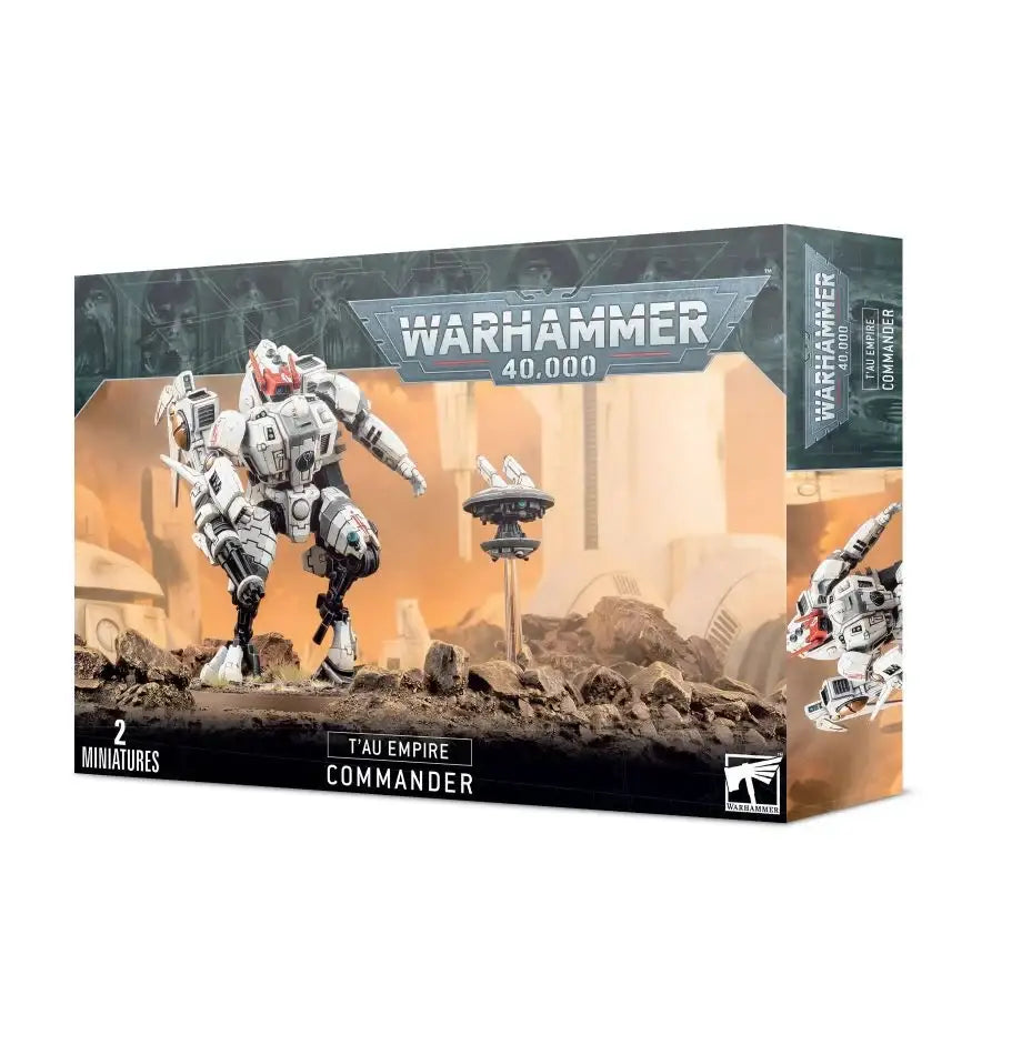 Warhammer 40k T’au Empire Commander miniature box with Coldstar Battlesuit XV86 design
