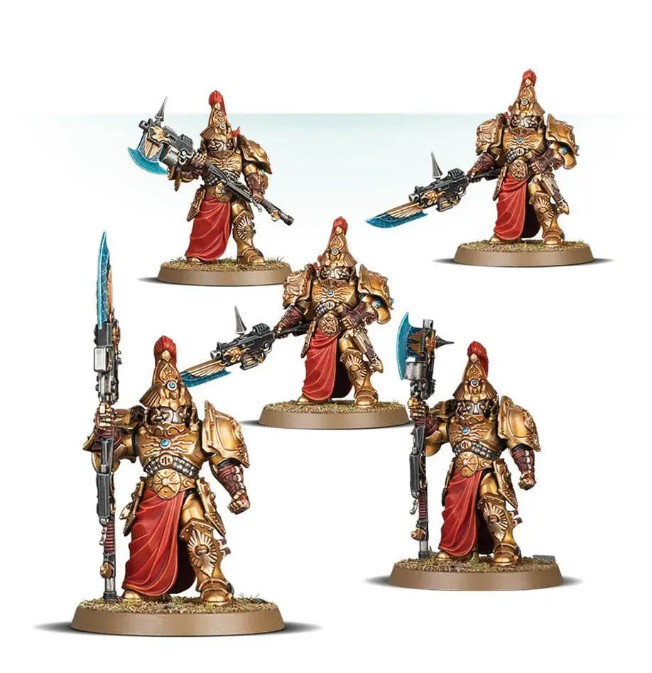 Five golden-armored Warhammer 40K Custodian Wardens with guardian spears in ceremonial robes