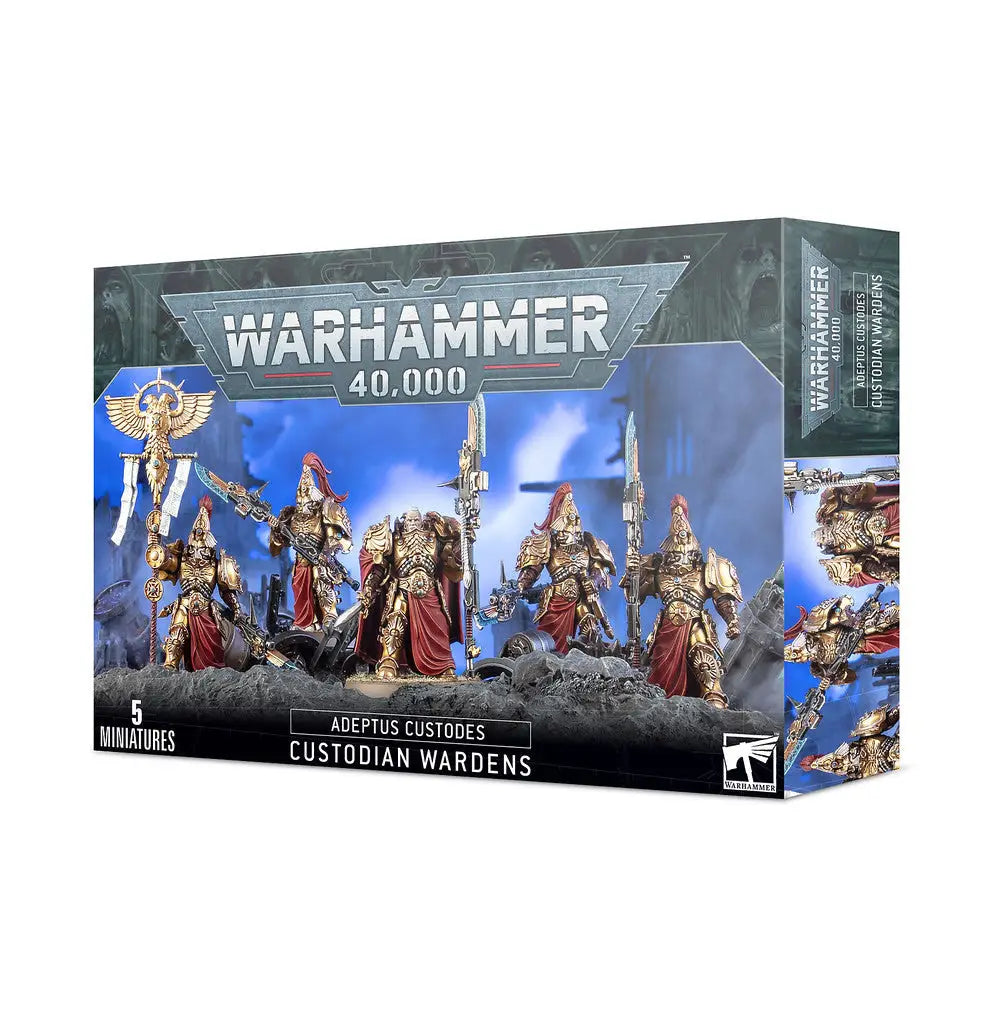 Warhammer Adeptus Custodes Custodian Wardens miniatures box with ceremonial robes and castellan axe