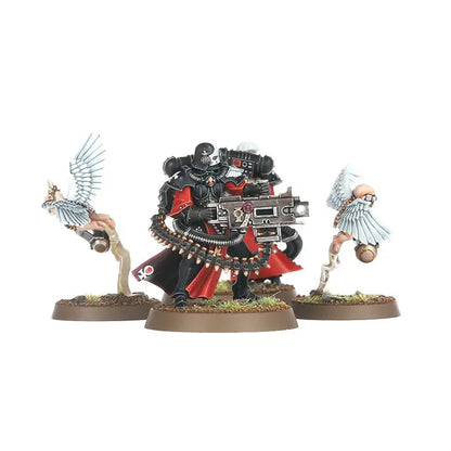 Miniature Adepta Sororitas figure with wings and gun on round bases for Warhammer