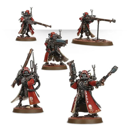 Red and black skitarii rangers miniature figurines with intricate armor from Adeptus Mechanicus