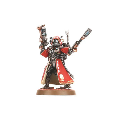 Red and black Skitarii ranger miniature with chainsaw and skull helmet from Warhammer Adeptus Mechanicus