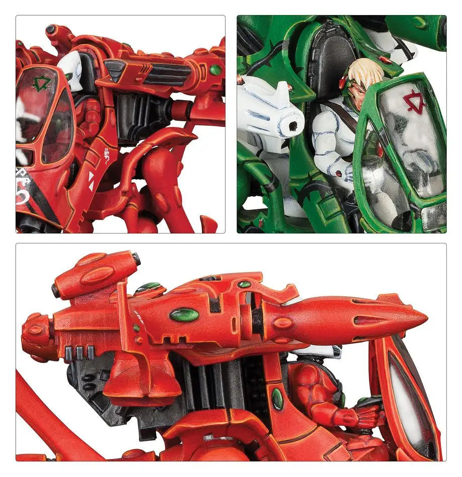 Miniature Eldar War Walkers with intricate plastic components for Warhammer Aeldari