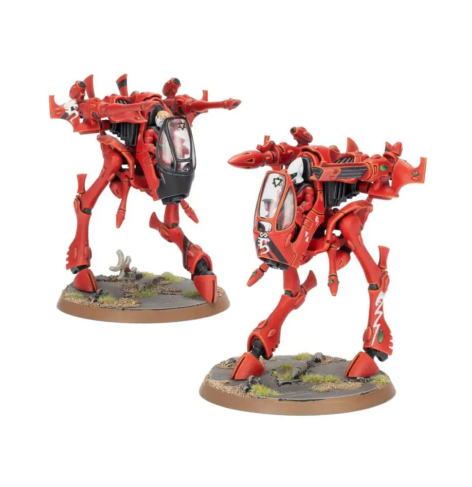 Two red Eldar Wraithlords from Warhammer War Walkers with detailed plastic components