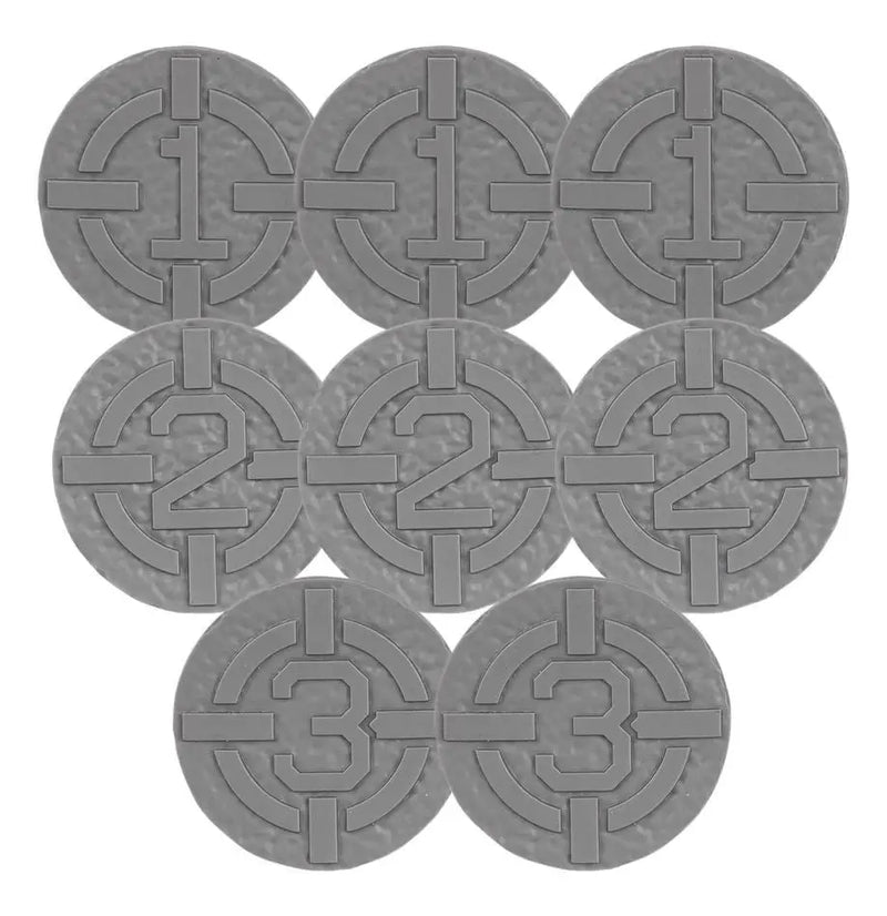 Gray tactical status tokens for Warhammer AGE OF DARKNESS game with embossed numbers