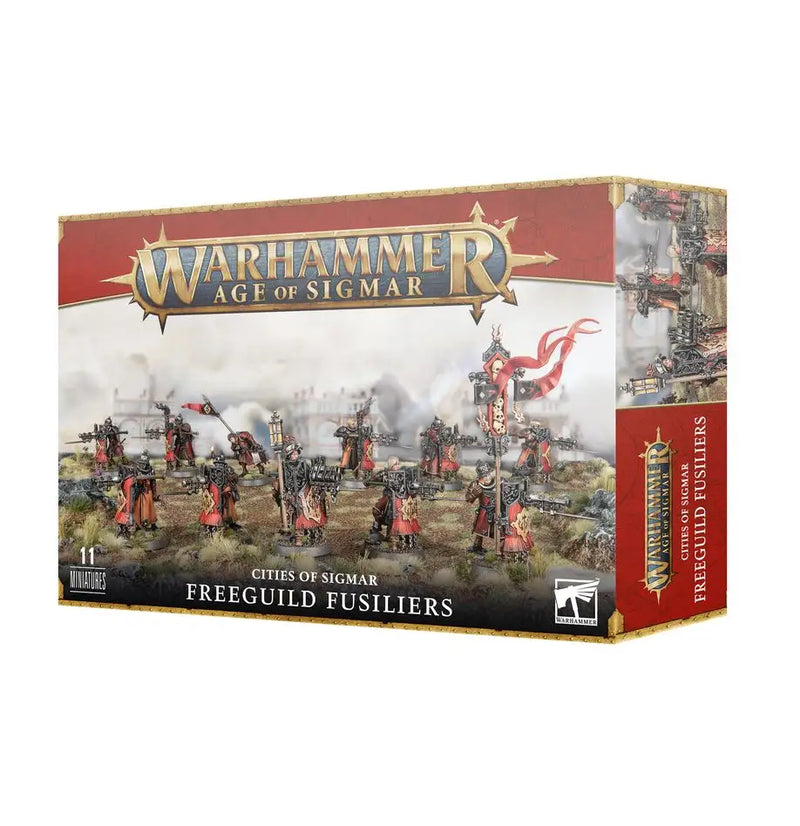 Warhammer Age of Sigmar Freeguild Fusiliers box with blackpowder squire model displayed