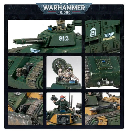 Miniature dark green Astra Militarum Chimera tank with heavy bolter and flamer attachments