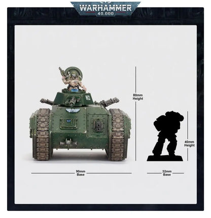 Warhammer Astra Militarum Chimera miniature with figure in hatch and heavy bolter