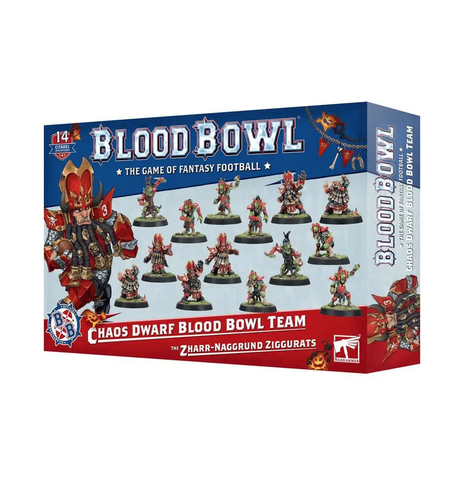 Blood Bowl Chaos Dwarf team box with fantasy football miniatures for tabletop gaming