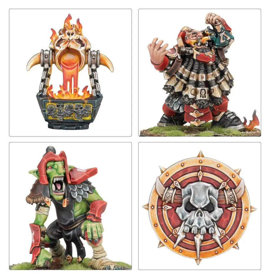 Four Warhammer 40,000 Ork miniatures from the Blood Bowl Chaos Dwarf Team