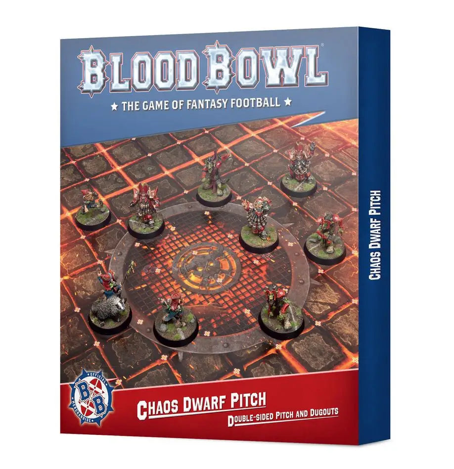 Blood Bowl Chaos Dwarf Pitch game box for Warhammer tabletop gaming enthusiasts
