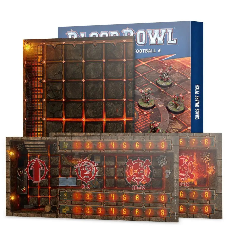 Blood Bowl game set featuring Chaos Dwarfs pitch and dugouts for tabletop gamers
