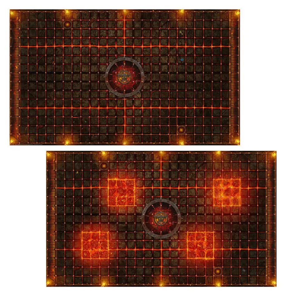 Lava-themed game maps for Blood Bowl Chaos Dwarf team pitch and dugouts