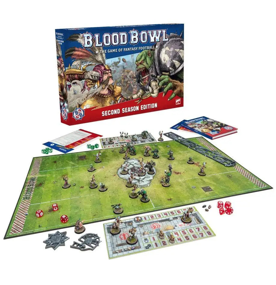Blood Bowl Second Season Edition board game set with red plastic figures and imperial nobility accents