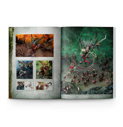 Open book with fantasy art and miniature figures from Warhammer CHAOS BATTLETOME SKAVEN