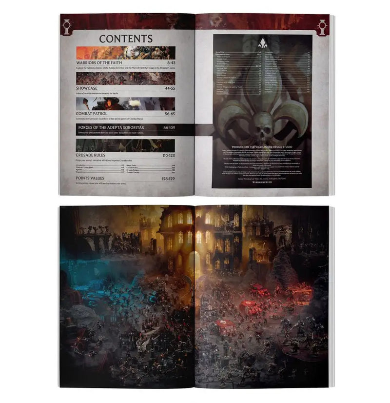 Open Warhammer ADEPTA SORORITAS Codex with detailed illustrations for combat patrol gameplay