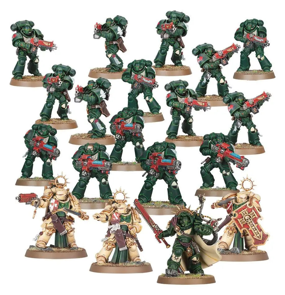Dark Angels Combat Patrol miniature figures in dark green and cream colors for Warhammer