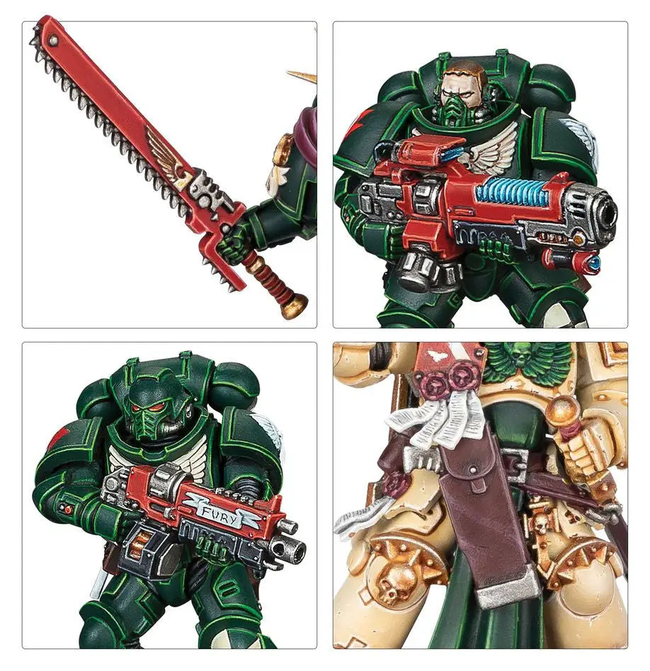 Detailed Warhammer 40,000 Dark Angels combat patrol miniatures and wargear display