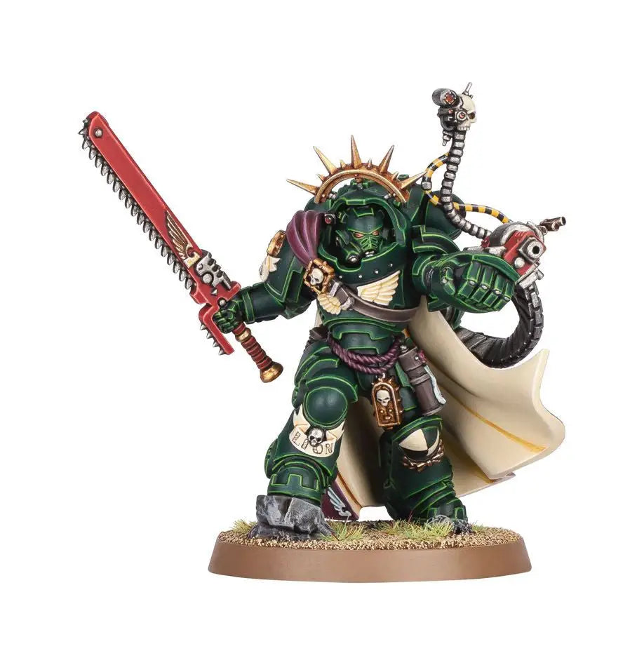 Dark Angels combat patrol miniature with dark green armor and red chainsword