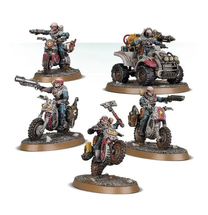 Miniature figures from Warhammer Combat Patrol Genestealer Cults with motorcycles and hybrid metamorphs